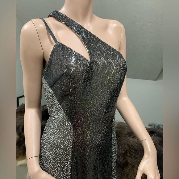 Black Sequins & Beads One Shoulder Evening Dress, Stunning Black Evening Gown - Picture 2 of 14